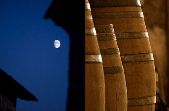 An evocative view of the ancient walls of the hamlet of Ronchi di Sant’Egidio and some wooden casks from the wine cellar